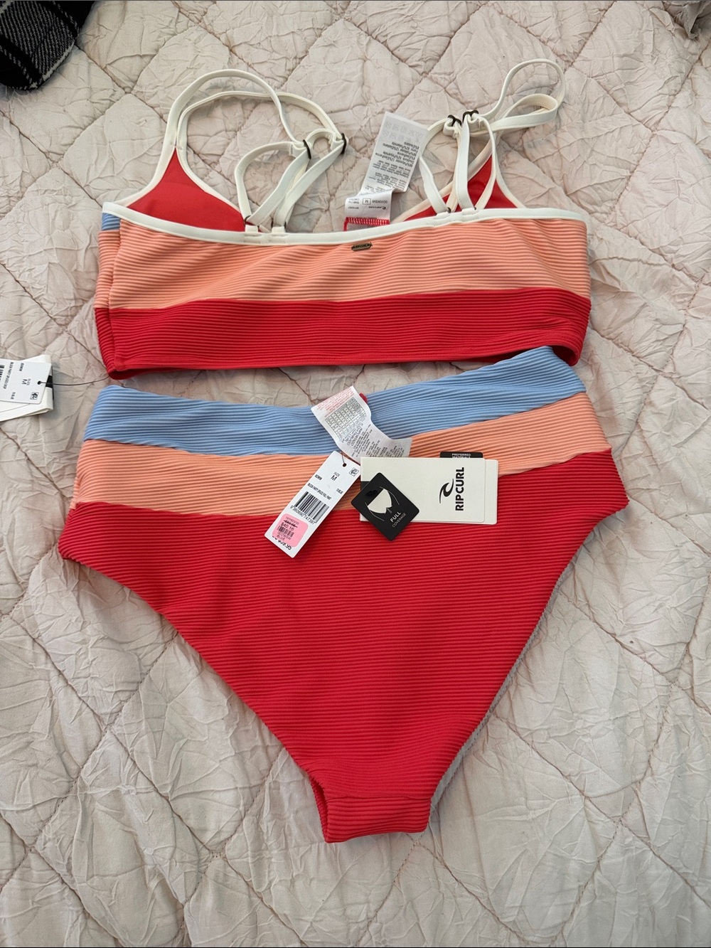 Rip Curl Colorblock Ribbed Bikini Set - Red, Peach & Light Blue - Picture 2 of 3